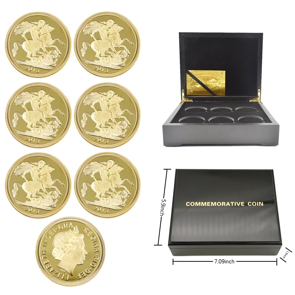 6pcs/box British Horse Sword Saint George Valiant Knight Challenge Coin Elizabeth II Gold Plated Metal Coin Craft Collection