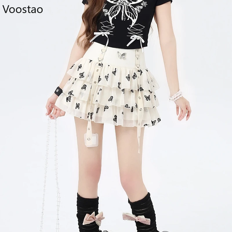 Gothic Y2k Lolita Cake Skirts Women Fashion Casual Butterfly Print A-Line Mesh Mini Skirt Female Vintage Punk Fluffy Short Skirt