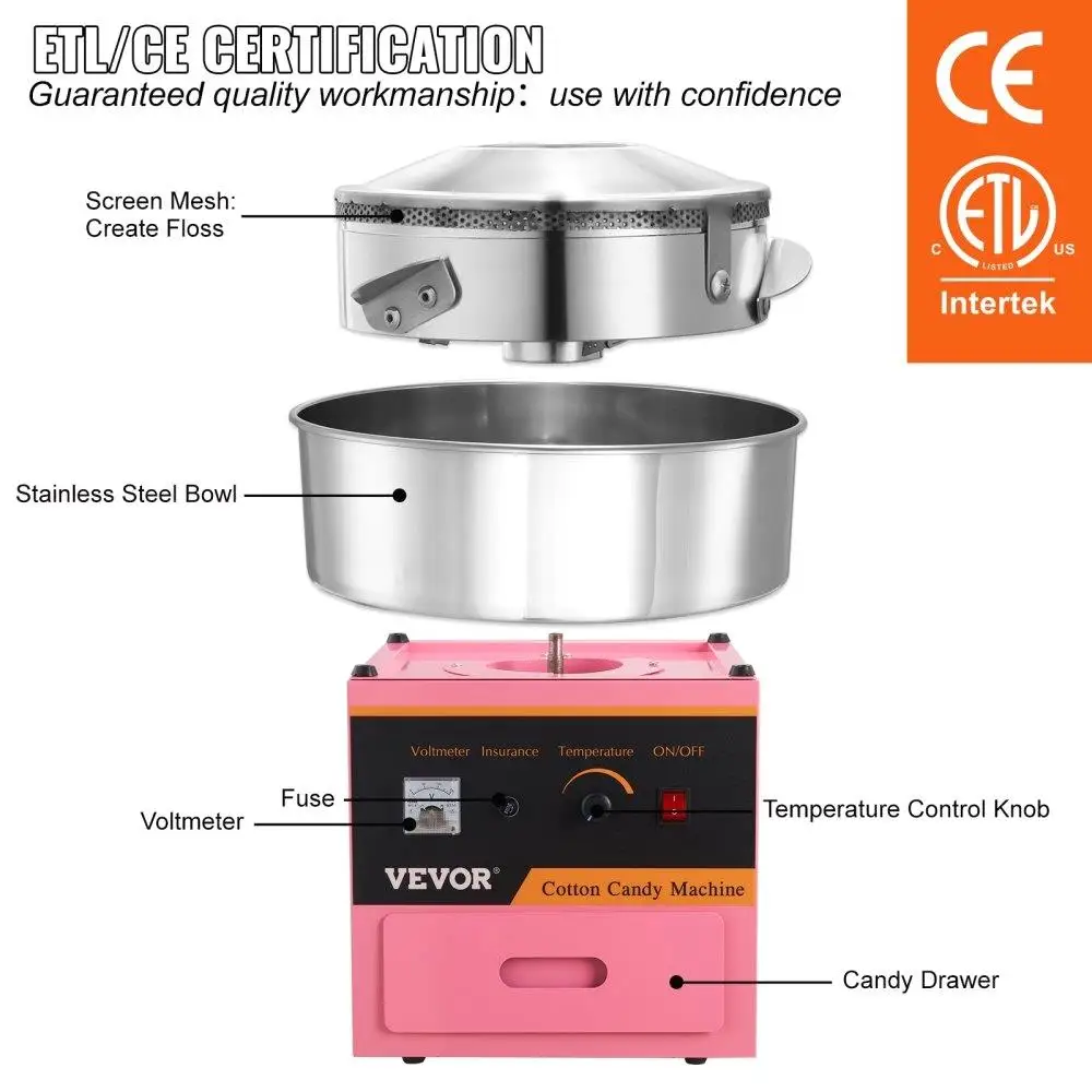 Commercial Electric Cotton Candy Machine 1000W ชามสแตนเลสตักน้ําตาลลิ้นชักสําหรับงานปาร์ตี้หน้าแรกเด็กครอบครัววันเกิดสีชมพู