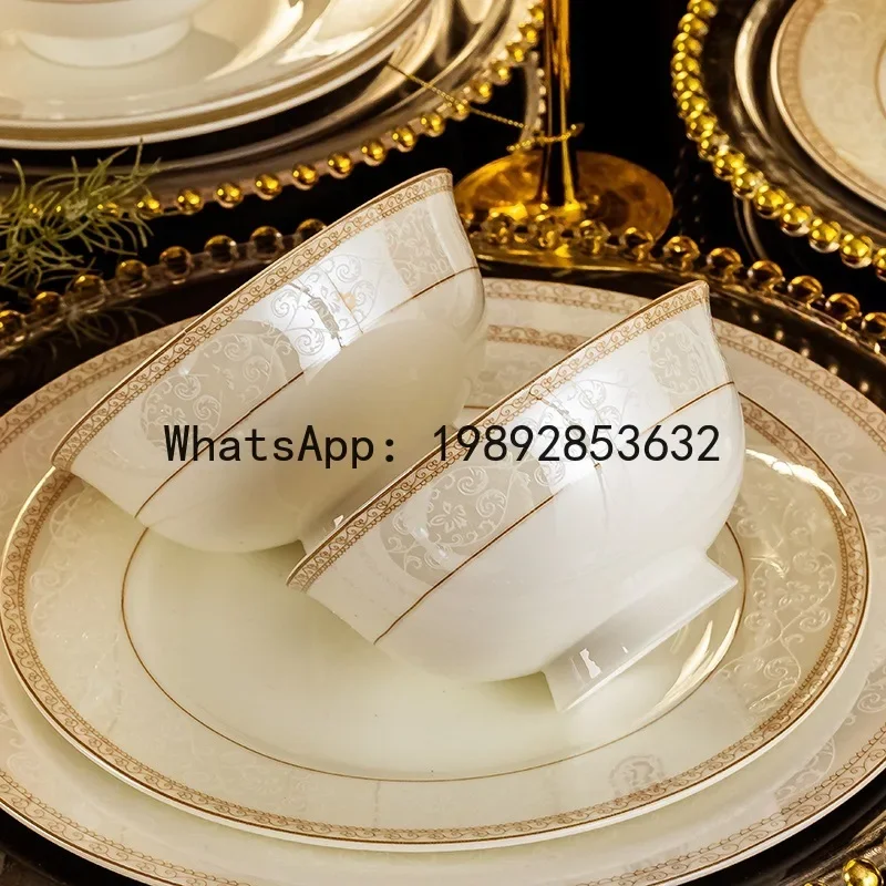 

L20- Embossed Ceramic Dinnerware Set: Complete High Bone Porcelain Bowl and Chopstick Set