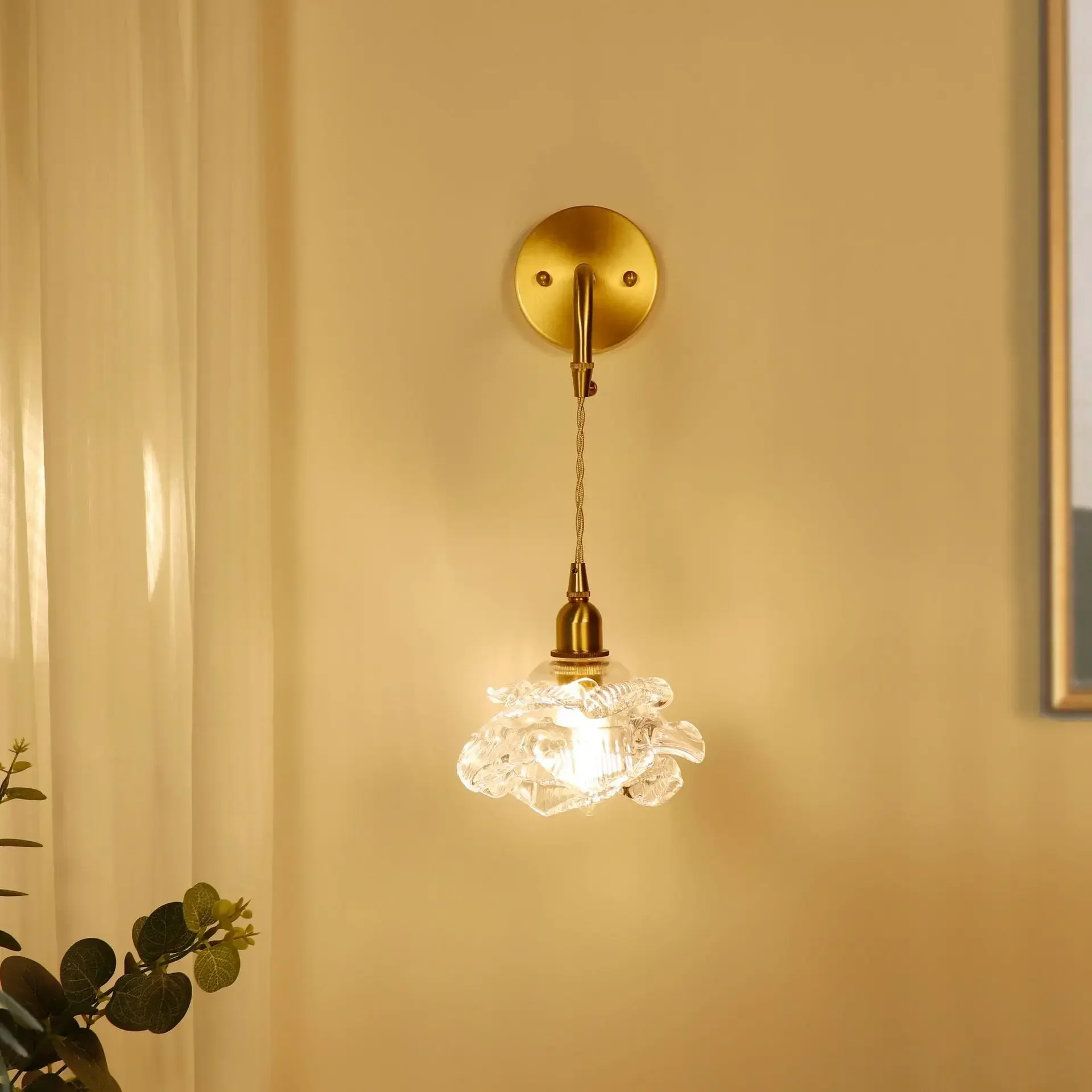 Light Luxury Rose Glass Wall Lamp Retro All Copper Living Room Background Wall Lamp Wiring Free Charging Bedroom Bedside Lamp