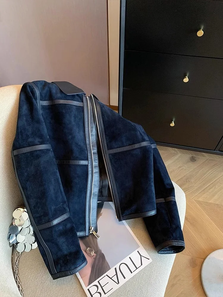 Retro American Style Suede Jacket Short Collar Men Women Fashionable Autumn Winter High End Top Zipper Closure Long Sleeve