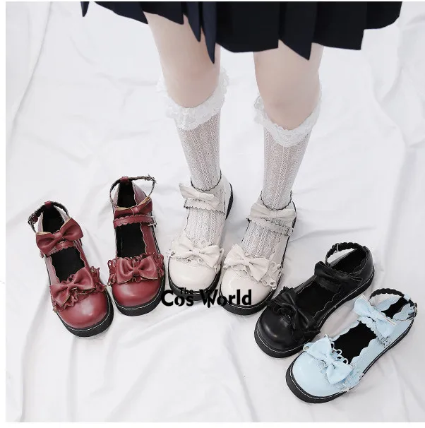 ญี่ปุ่นสาว Bowknot รอบ Toe หนังเทียมรองเท้าแบนสำหรับ Lolita JK School Uniform อะนิเมะคอสเพลย์