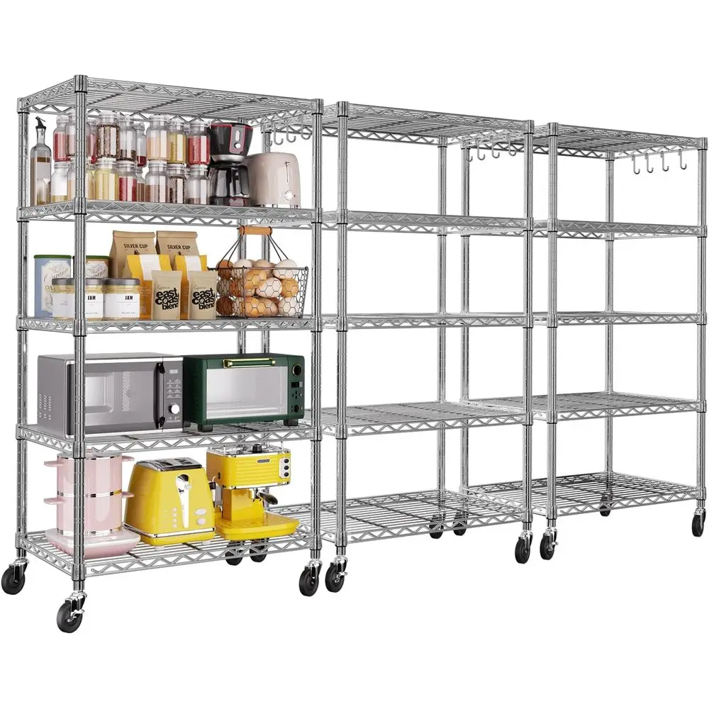 

5-уровневая регулируемая стальная проволочная полка на колесиках для кухни, кладовой и прачечной - хромированная, 24Ш x 18Г x 75В дюймов