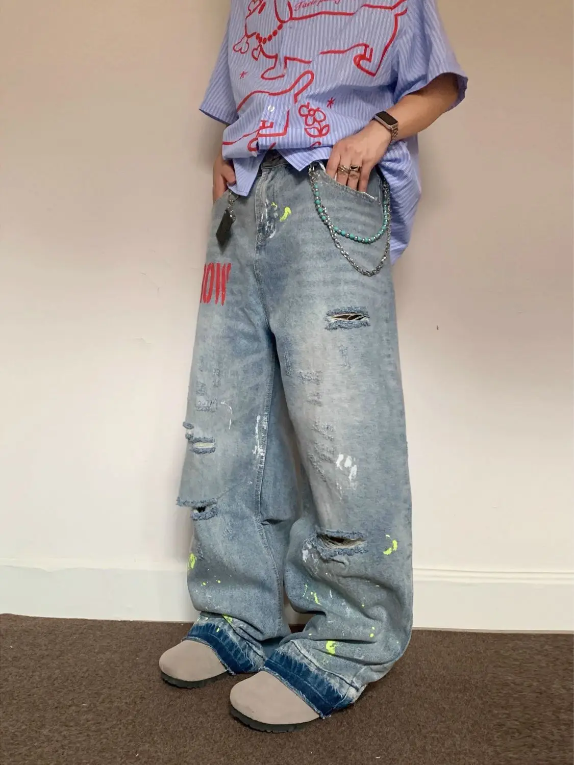 

Women's Letter Printing Hole Breaking Vintage Jeans Wide Leg Hip-hop Streetwear Autumn Trouser Female Distressed Denim Pants