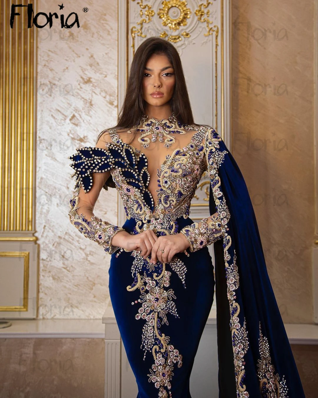 Vestidos de celebridades largas con bordado de lujo azul marino de Oriente Medio, vestidos de Dubái de manga larga con cuentas pesadas, vestidos de fiesta de boda formales