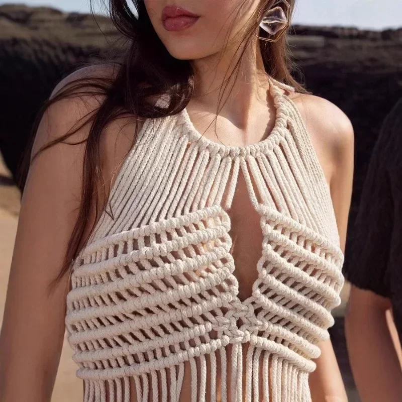 

2025 Summer Long Tassel Crochet Knitting Lace Up Halter Backless Tank Tops Women Bohemian Holiday Bikini Bra Beach Cover Ups