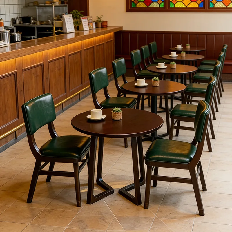 Retro dark green oil wax leather chair commercial solid wood round table cafe milk tea small round table