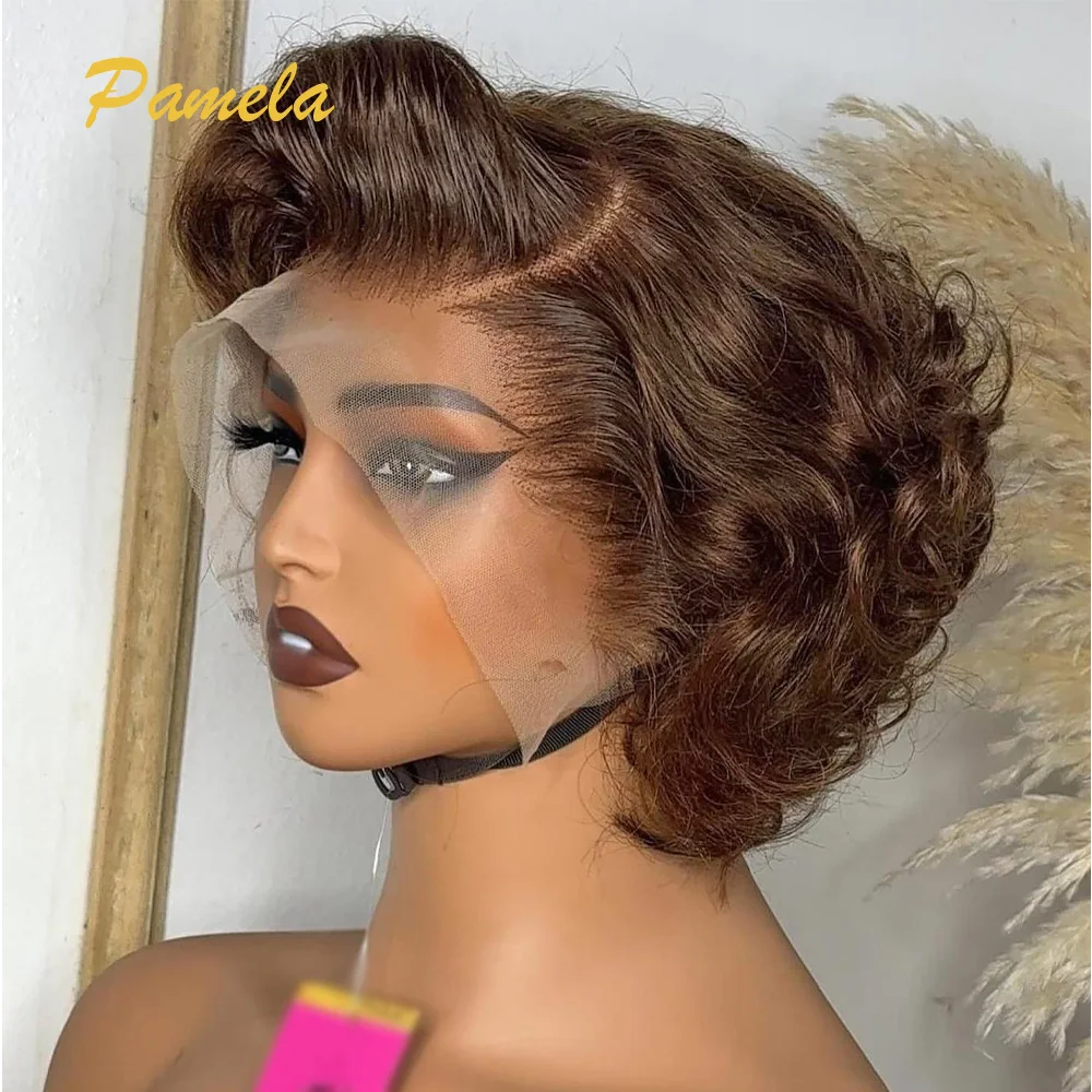 13x4 Short Bob Loose Wave Lace Front Wigs Pre Plucked Bleached Knots Pixie Cut Transparent Lace Front Brown Human Hair Wigs