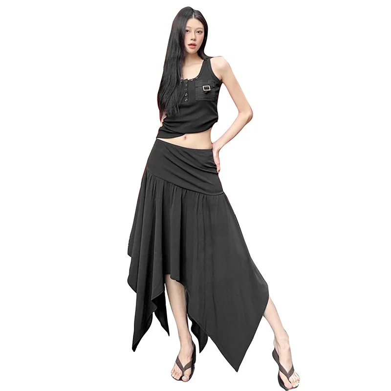 2025 Summer Cross-border New Solid Color Casual Irregular Slim Temperament High Waist Versatile Skirt Women's Clothing
