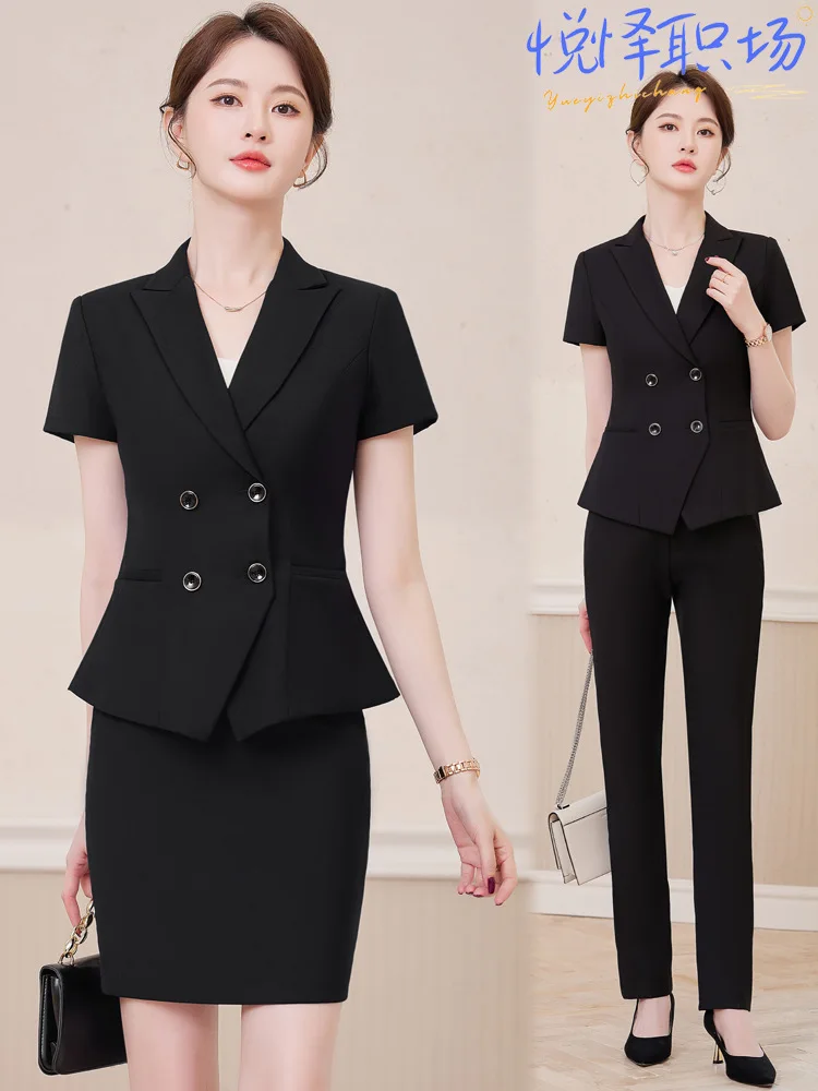 Professional short-sleeved suit for women, new summer style, elegant workwear for hotel reception and jewelry store