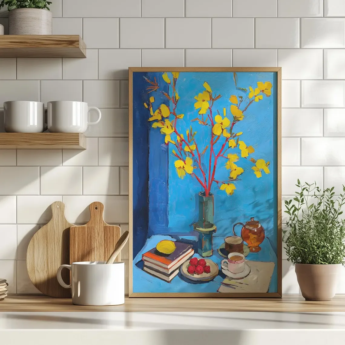 Breakfast Table with Vibrant Yellow Flowers Oil Painting Poster or Canvas Print, Teapot, Books, and Fruits Stille Life, Cozy Kit