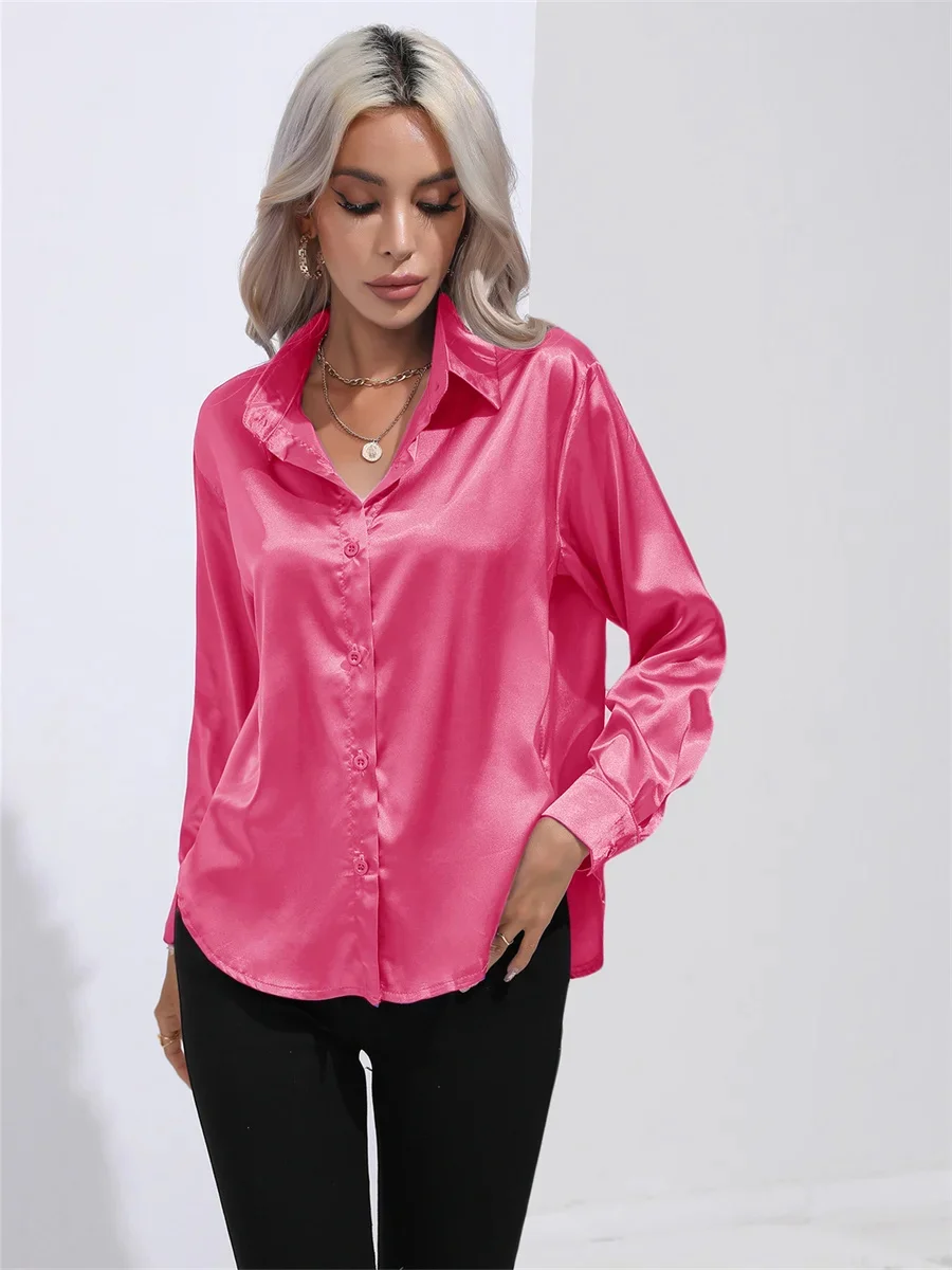 Woman Spring Autumn Style Casual Satin Blouses Shirts Lady Long Sleeve Turn-down Collar Solid Color Blusas Tops