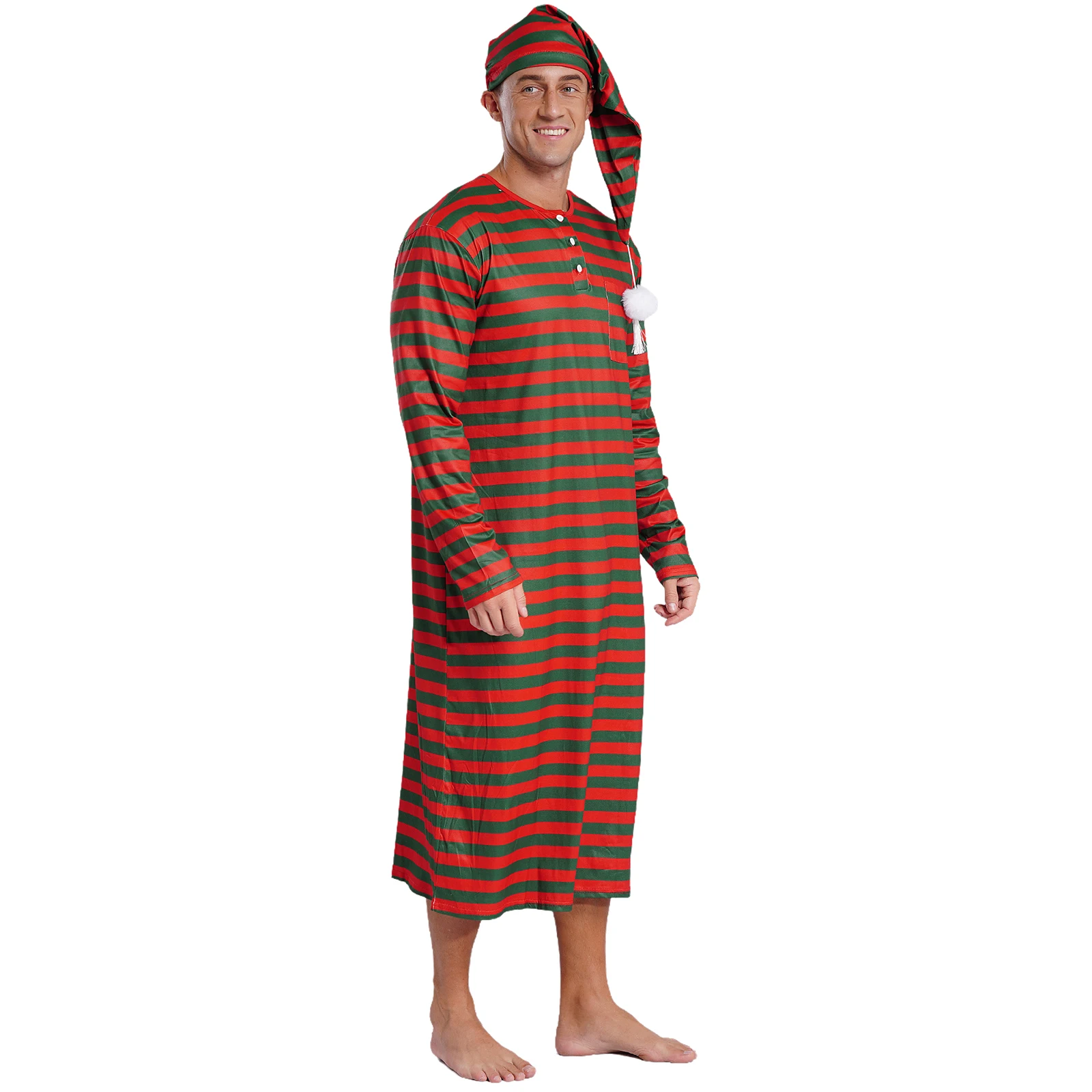 Mens Christmas Pajamas Long Sleeve Striped Sleep Long Robe with Hat Set Hat with Pom-pom Sissy Nightwear Cospaly Party Costume