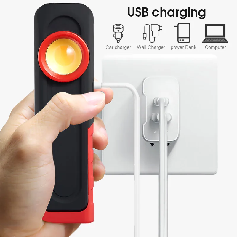 Magnetic Flashlight COB LED Work Light Torch Portable USB Inspection Light Lantern Hook COB Hanging Camping Light 3 Mode