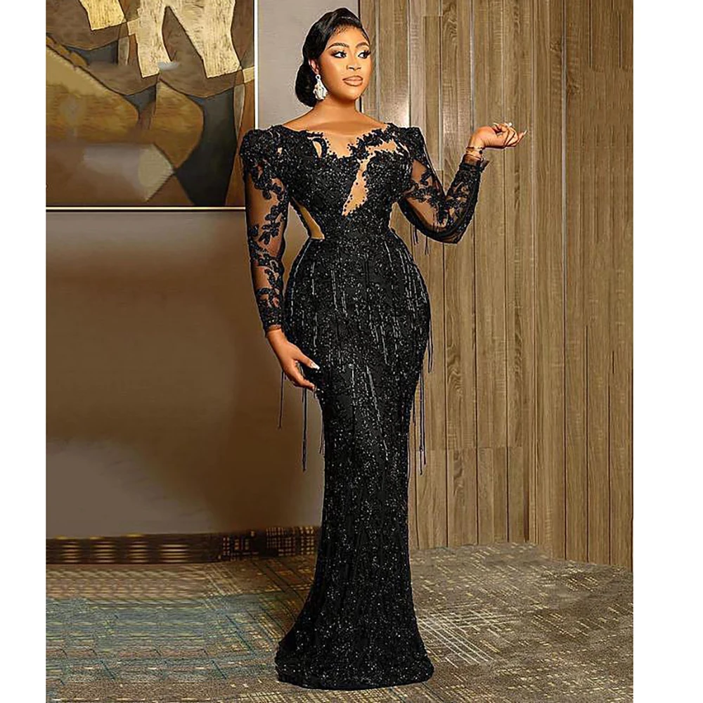 

Luxury Evening Dress Mermaid Elegant Black Long Sleeve Beading Tassel Appliques Tulle Floor Length Sexy Gowns for Women