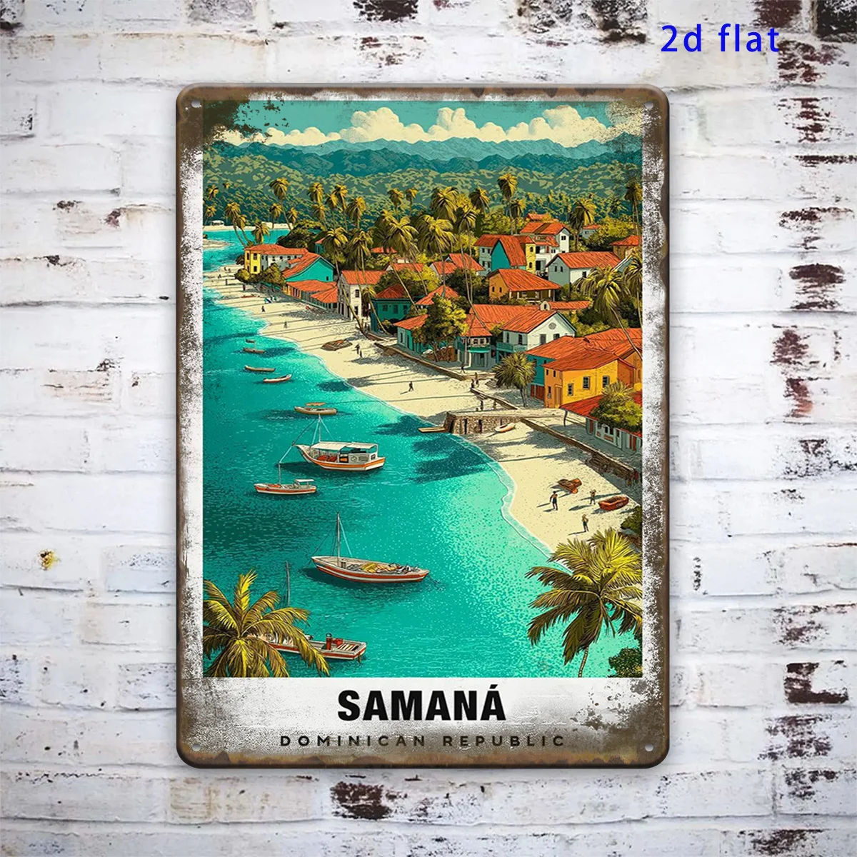 2D Flat, 7.87X11.81inch Thickened Retro Painting, 2D Flat 1pc Samana Dominican Republic Landscape Coastal Retro Metal S