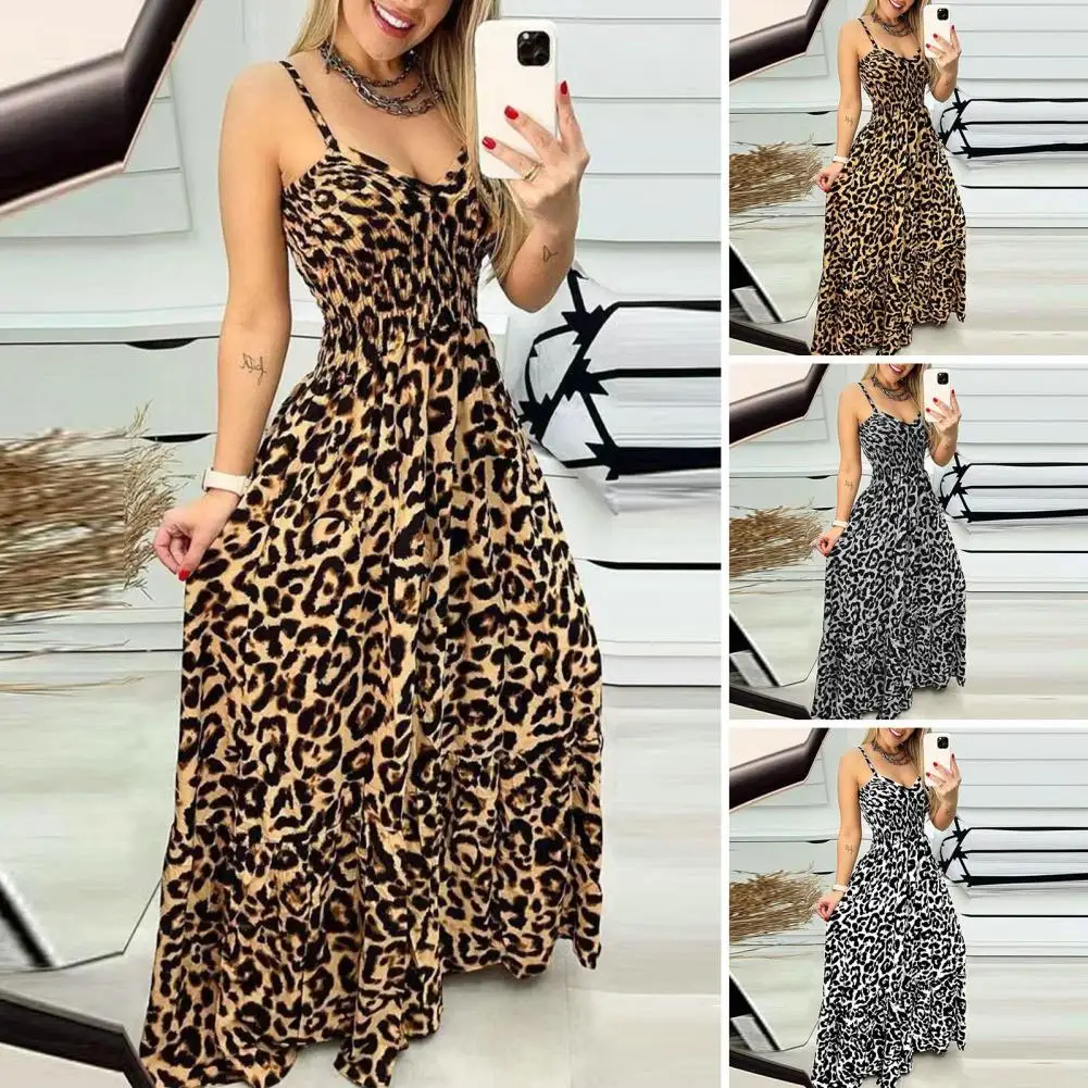 

Women Elegant Sexy Spaghetti Straps Leopard Maxi Sexy A-line Party Dresses