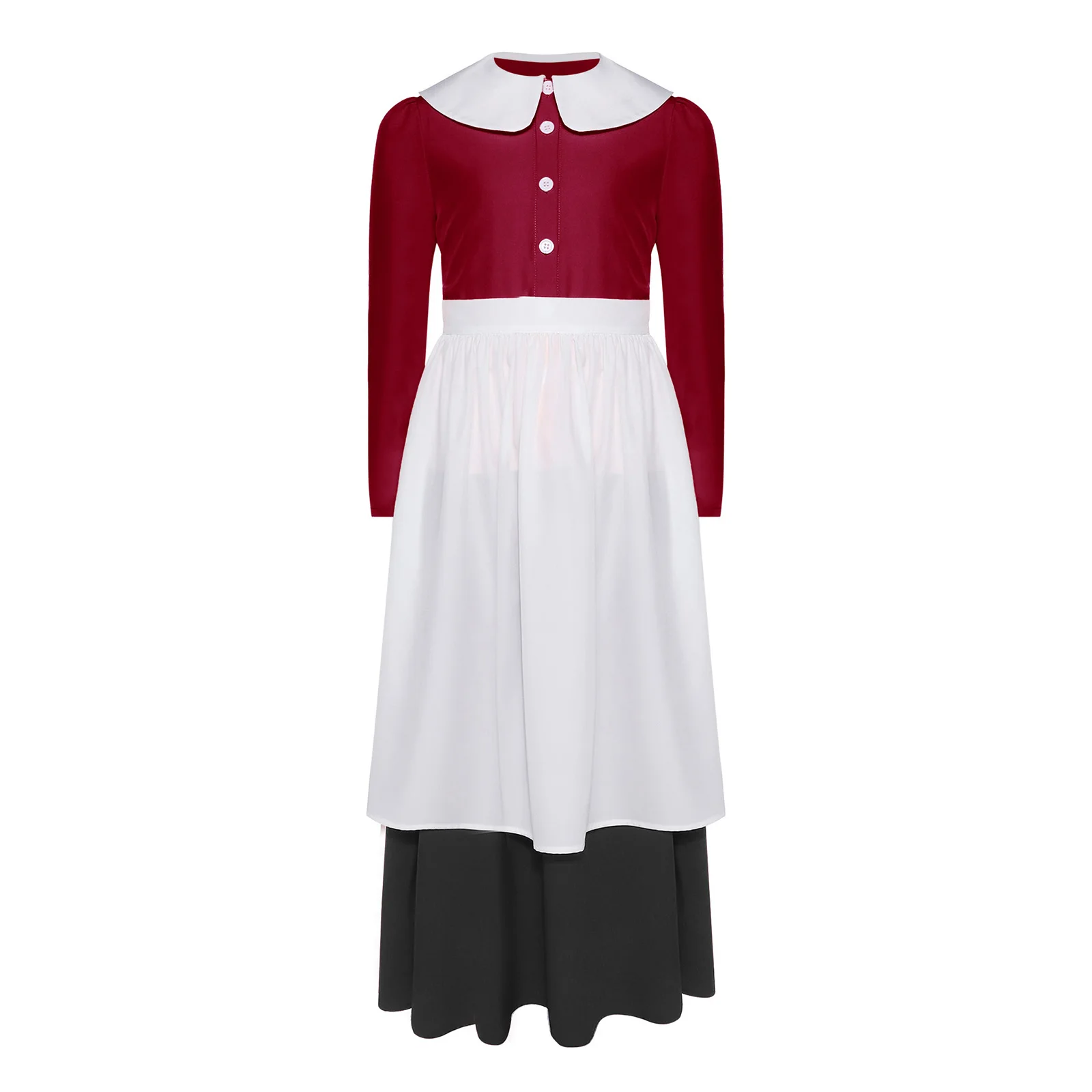 

Kids Girls Pilgrim Maid Cosplay Shirt Skirt And Apron 3-piece Set Long Sleeve Blouse Top A-line Skirt for Halloween Masquerade