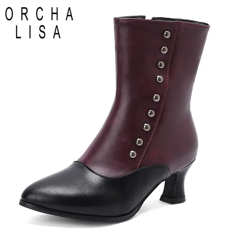 

ORCHA LISA RetroInspired Women Big Size Mid Calf Boots Pointed Toe Small Heels 5.5cm Zipper Rivets Mixed Color 47 48 Daily Bota