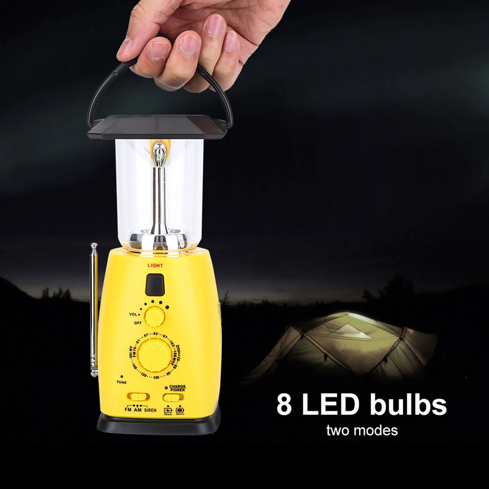 

Радио-фонарь с LED-подсветкой, на солнечной батарее, с ручным приводом, для кемпинга и экстренных ситуаций, с функцией зарядки телефона