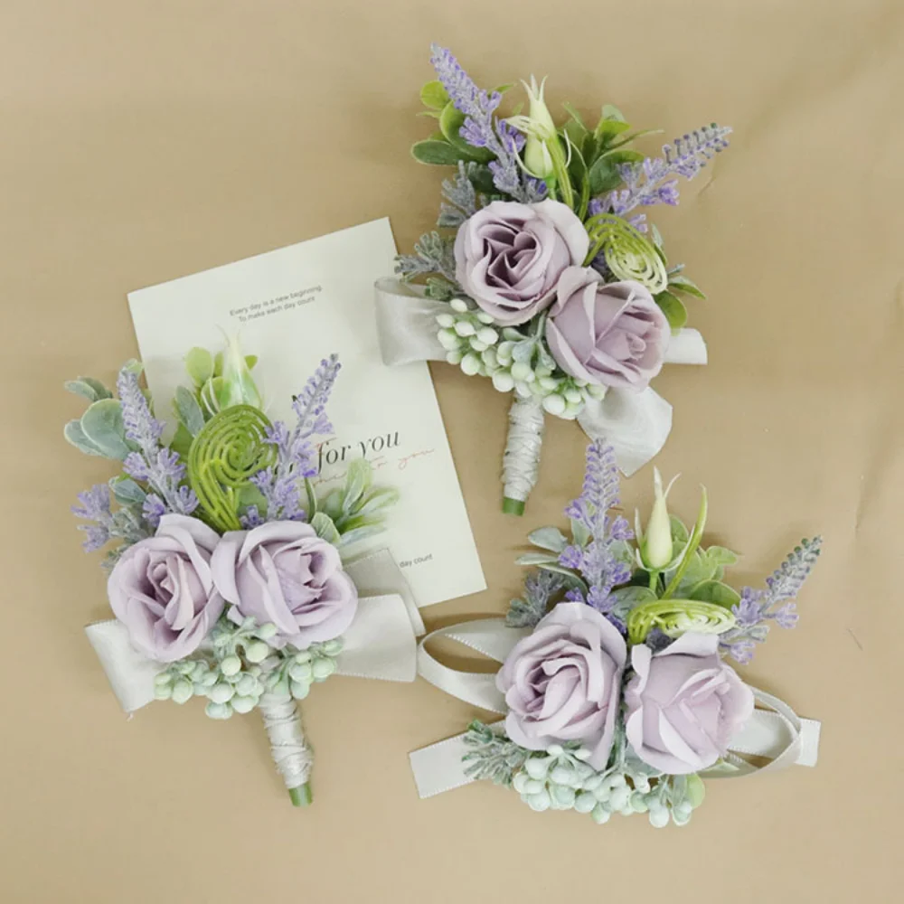 Simple Lilac Boutonniere for Wedding for Bride Buttonhole Corsage Wrist Bracelet Bridesmaids Groom corsage and boutonniere set