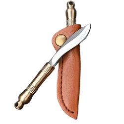 Brass Mini Knife With Leather Cover Home Fruit Knives Box Opener Keychain Outdoor Camping Hiking Survival EDC Tools