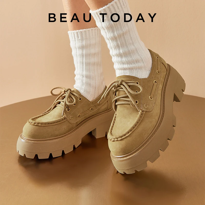 Beau Today Casual Shoes Platform Women Solid Color Round Toe Lace Up Genuine Leather Square Heel Female Handmade 21981