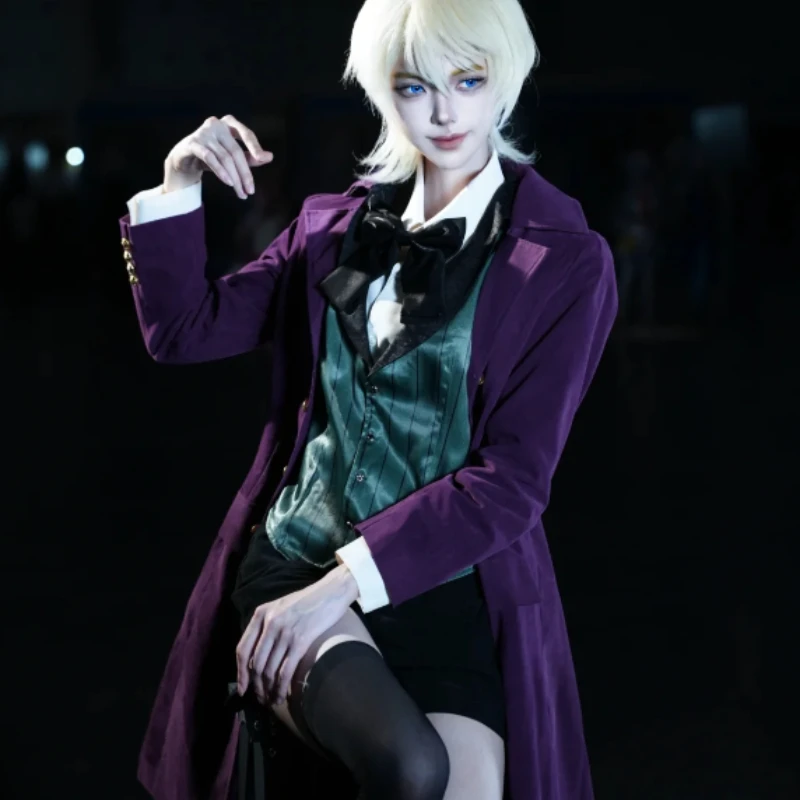 Black Butler II Alois Trancy Cosplay Costume Purple Long Coat Forest Green Vest Full Set with Stockings for Men Cosplay Party view 2