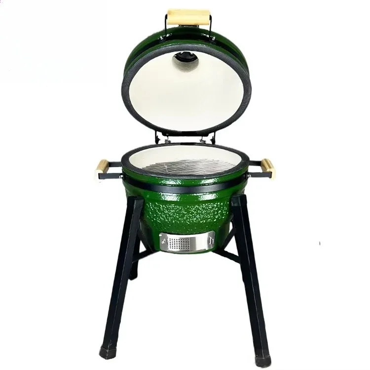 Kimber-R Series 16 Inch Stone Pattern Kamado Ceramic Charcoal Grill Spring Color Tabletop BBQ Smoker Stove with Stable Stand Out