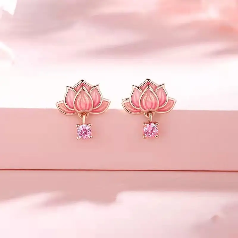 Anting-anting teratai zircon pink sepasang