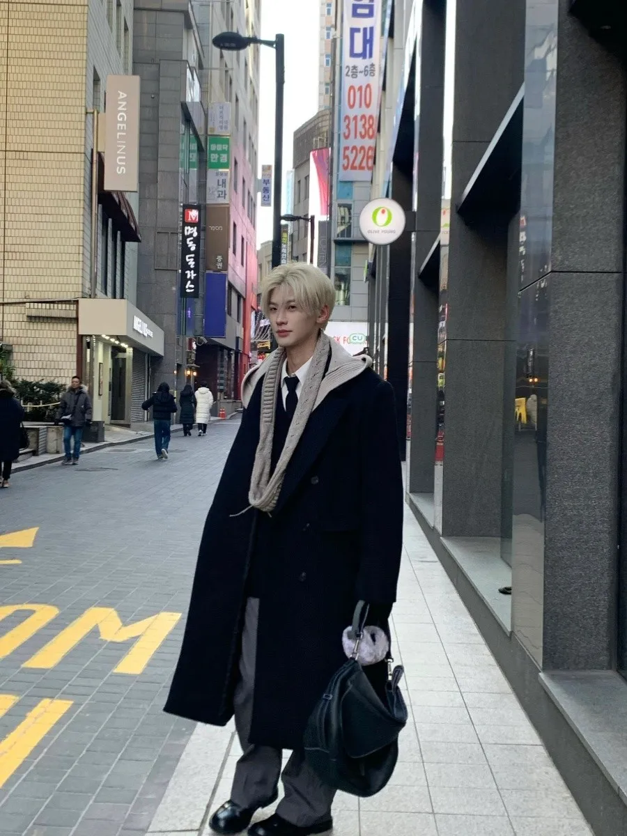 Men's Mid-Length Woolen Coat Korean Style CleanFit Business Casual Windbreaker Jacket Standard Fit Polyester Fiber 100%