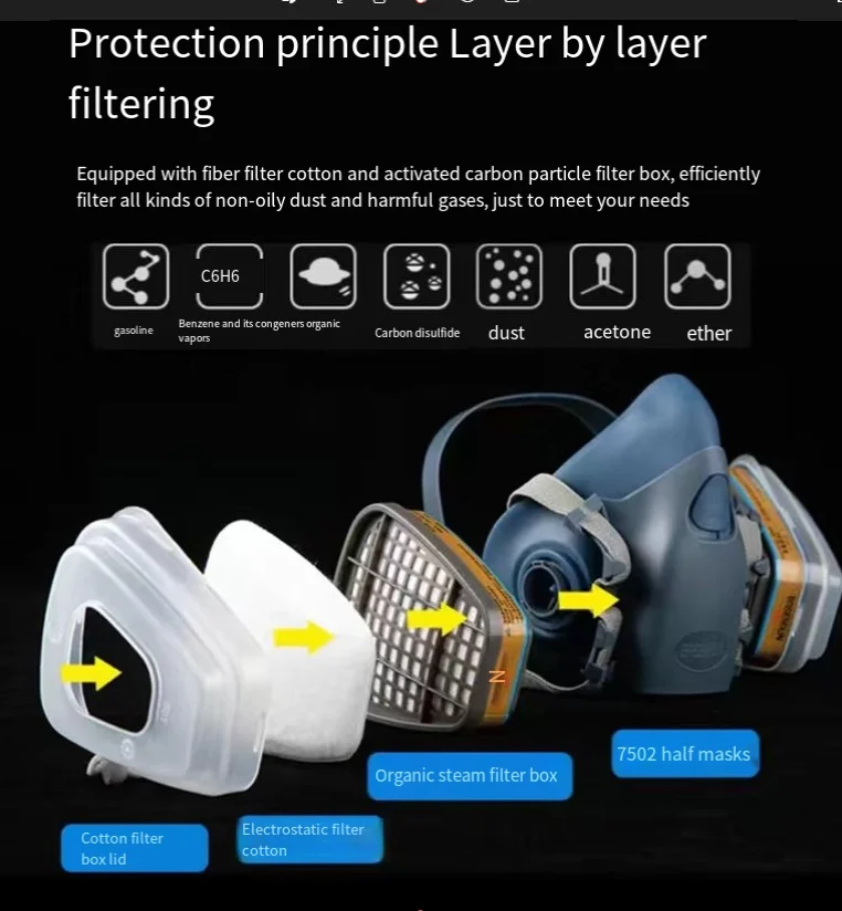 7502 قناع الغاز كمامة كيميائية قناع واقٍ رذاذ الطلاء الصناعي يمكن أن يتطابق مع 6000 فلتر مضاد للغاز العضوي
