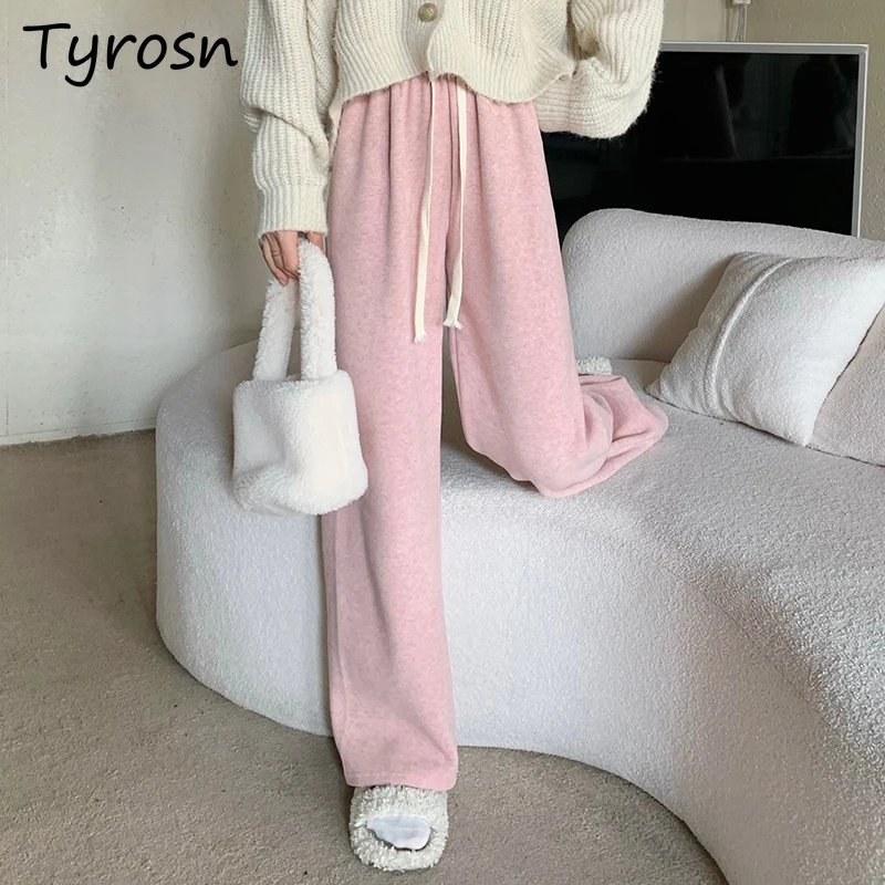 

Pants Women High Waist Elastic Lace Up Sweet Girls Students Korean Style OL Autumn Straight Loose Cozy Warm Trousers Streetwear