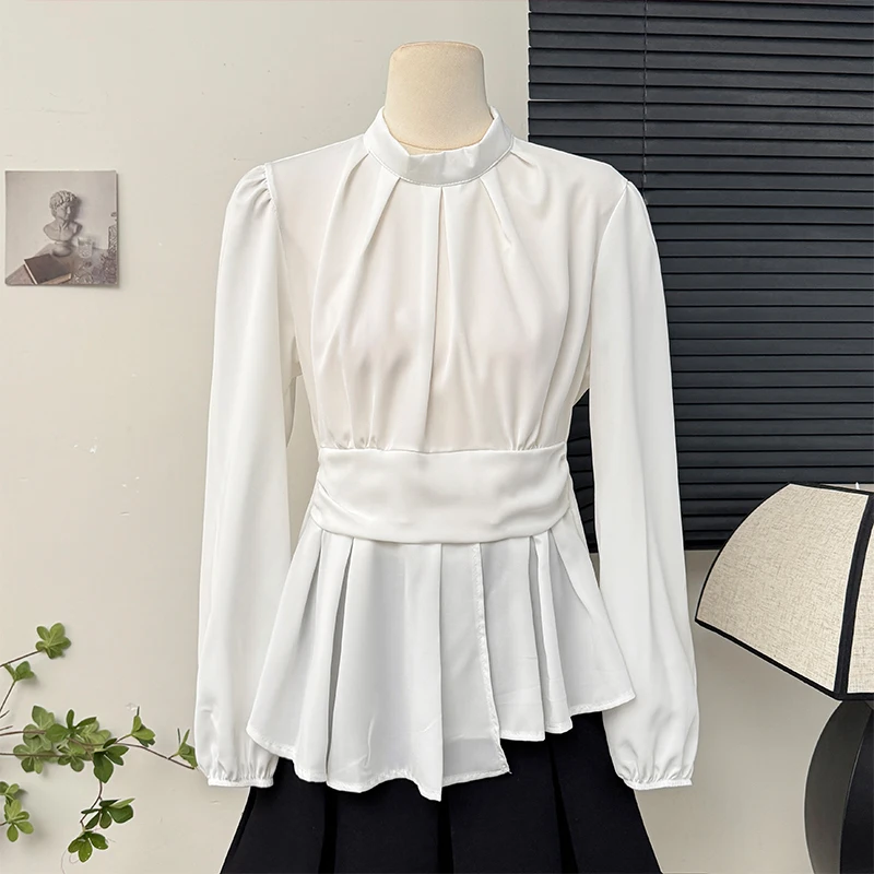 

Temperament Puff Sleeve Blouses Women 2025 Spring New Stand Collar Long Sleeve Pullovers Fashion Thin All-match Tops