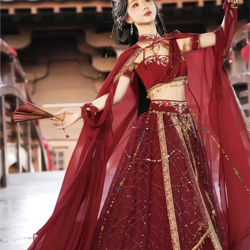 Exotic Hanfu dance costume Western goddess red cloak suit