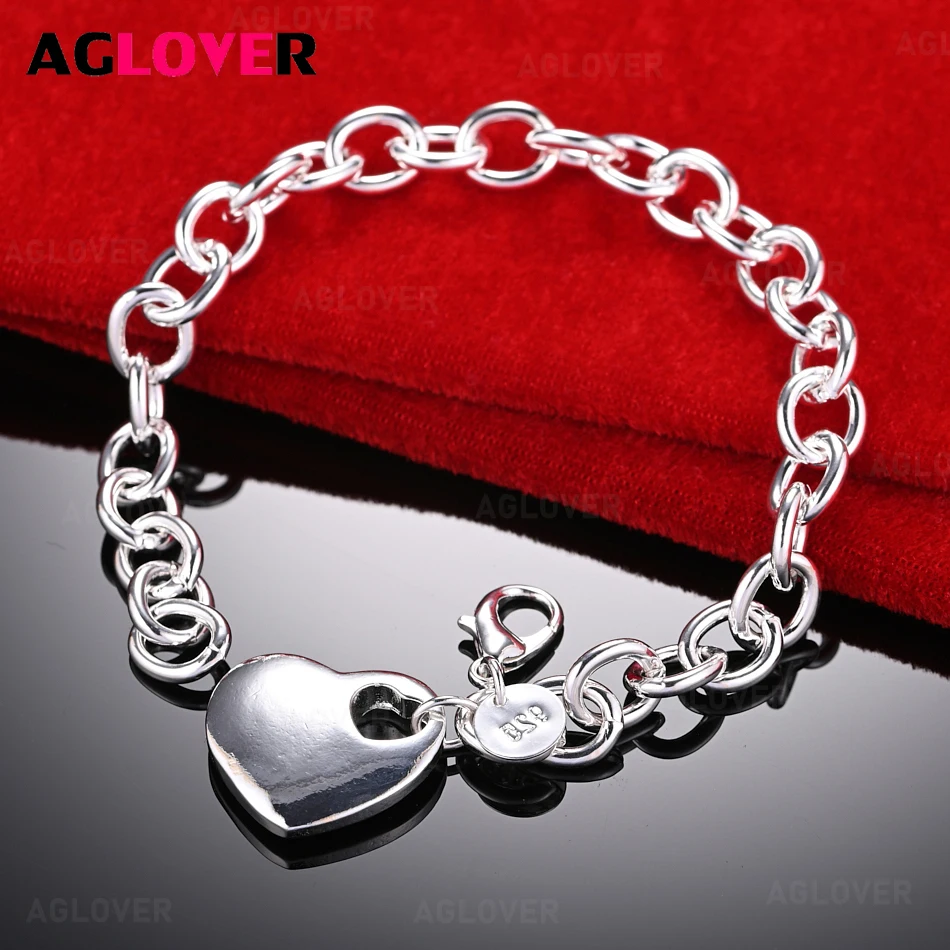 AGLOVER 925 فضة القلب مركز سلسلة للتقييد الكوبية سلسلة الروبيان سوار بقفل مشبك موضة أنيقة امرأة مجوهرات الحفلات