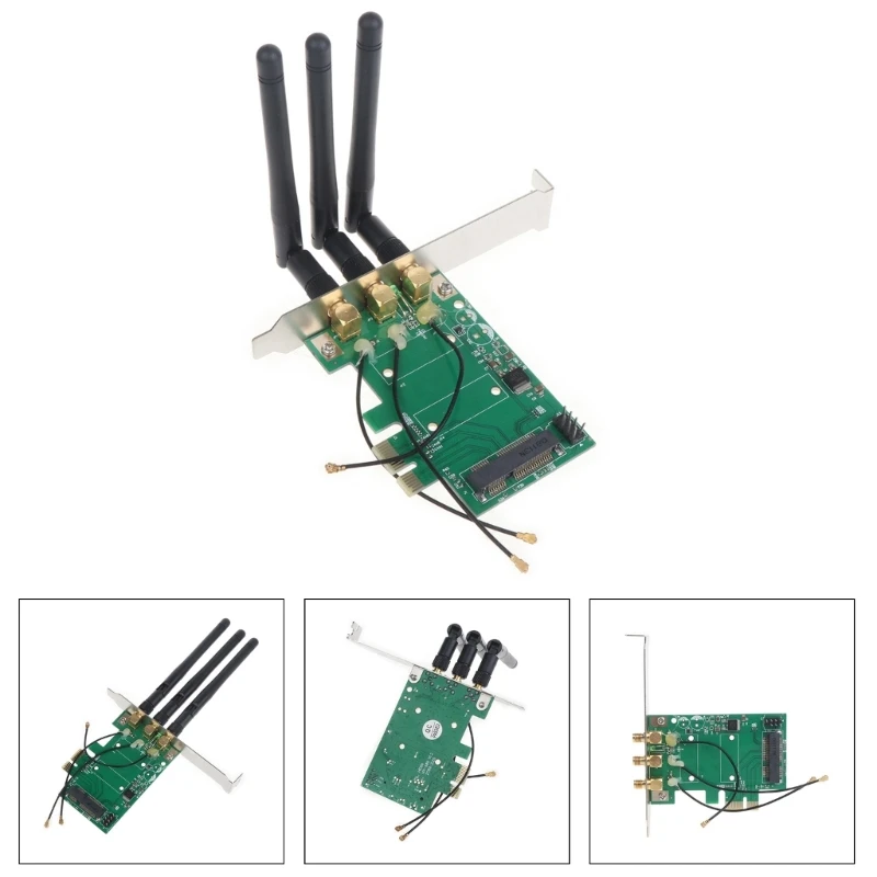 Draadloze WiFi-netwerkkaart Mini PCI-Express PCI-E naar PCI-E 1X Desktopadapter met 3 antennes voor computer