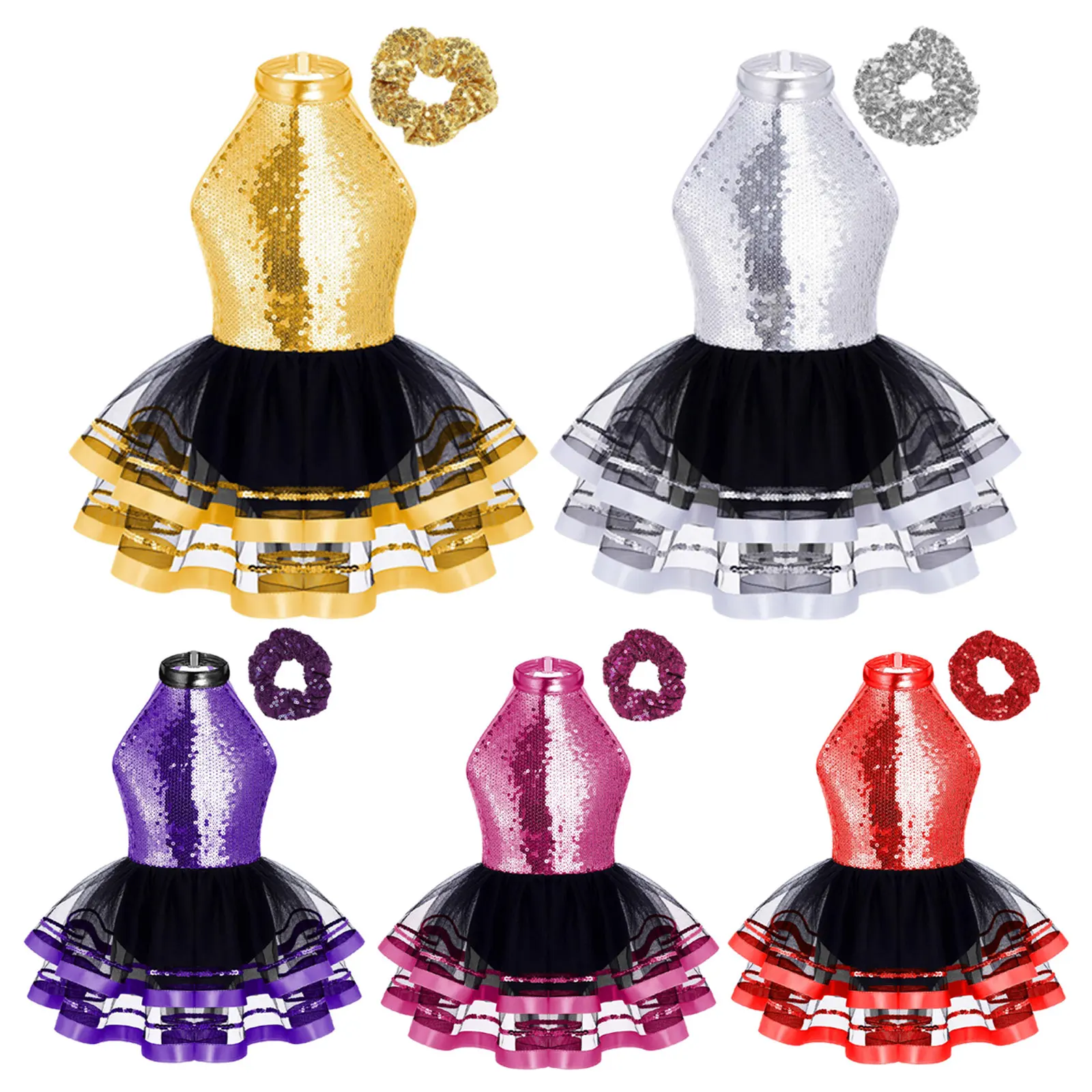 Kids Girls Shiny Sequins Dance Dress Leotard with Headband Ballet Jazz Hip-Hop Dance Costumes Performance Ballroom Dancewear