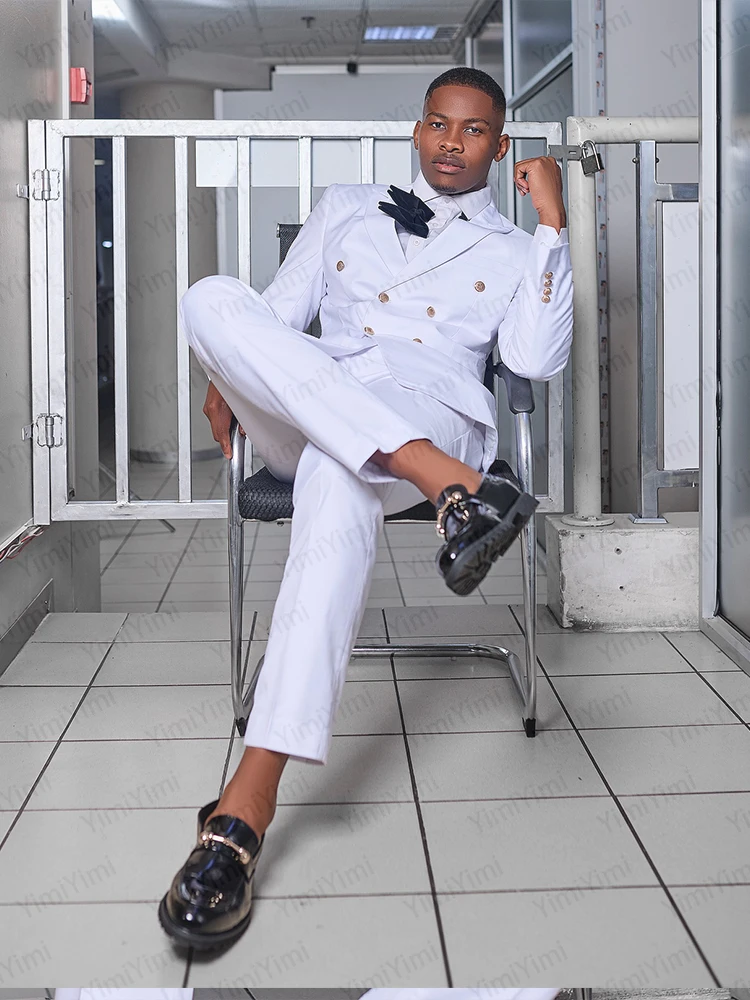 Abiti da uomo eleganti da sposa con risvolto a punta doppio petto abito da sposo bianco blazer giacca civile africana set da ballo slim personalizzato