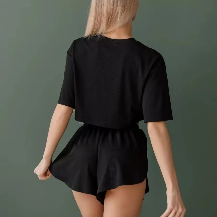 Lady Sleepwear Casual Homewear Two Piece Pajamas Set Crew-Neck Pajamas Short-Sleeved Breeches Nightclothes