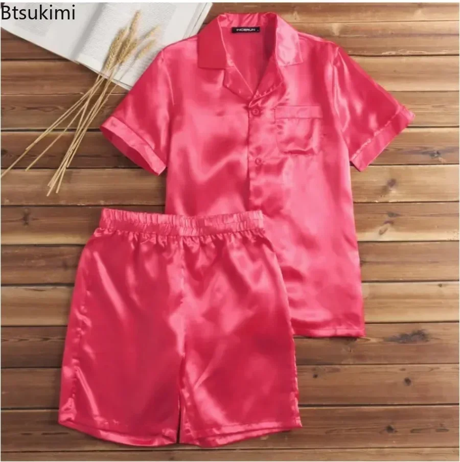 2024 Men's Summer Pajamas Sets Comfortable Satin Silk Short Sleeve Homewear Two Piece Sets Tops+Shorts Male Solid Sleepwear Suit