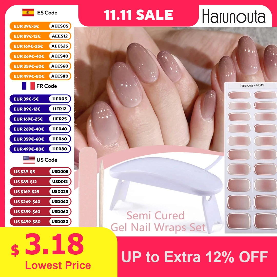 Harunouta 4pcs/set Gradient Jelly Semi Cured Gel Nail Strips with Nail Lamp Nude Pink Waterproof Nail Stickers Long Lasting Wrap