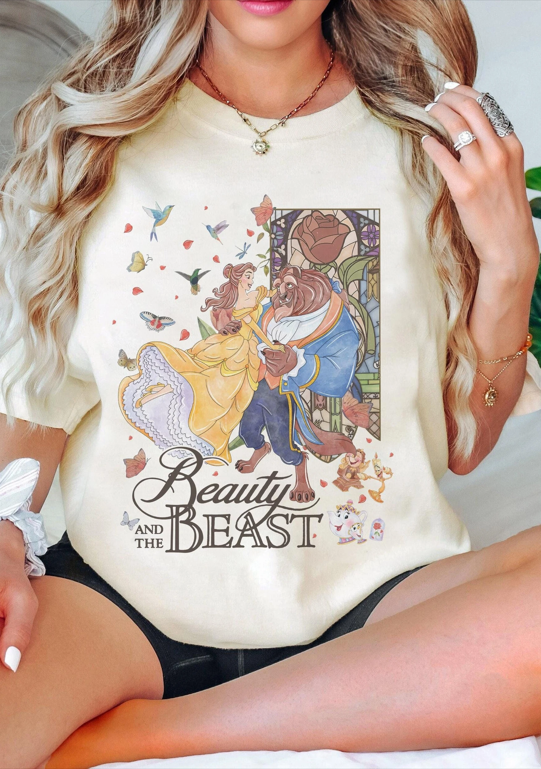 

2025 Disney New Summer Best Selling Short Sleeve Retro Beauty and The Beast Loose Breathable T-shirt Women Clothing
