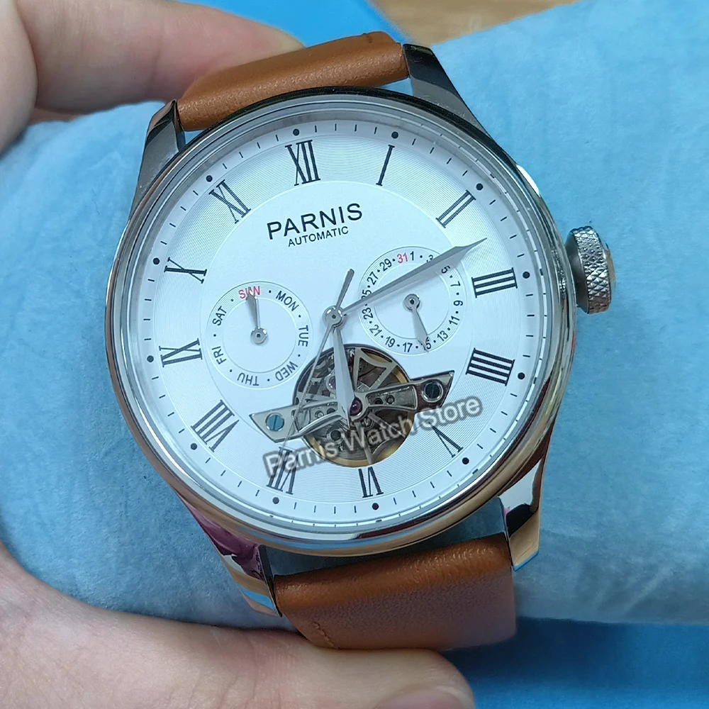 Parnis 43 mm Reserva de energía automática Reloj para hombre Volano Esfera blanca Correa de cuero genuino