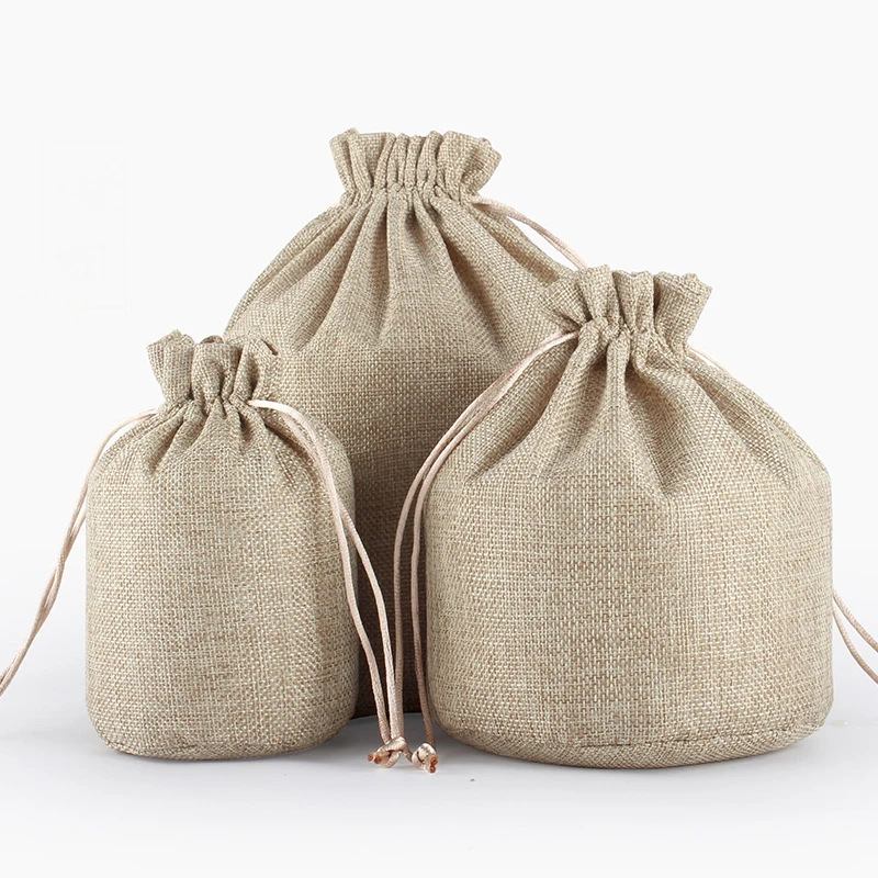 10pcs/lot Round Bottom Linen Bags Drawstring Pouches For Birthday Party Wedding Christmas Gift Packaging Bag Home Storage