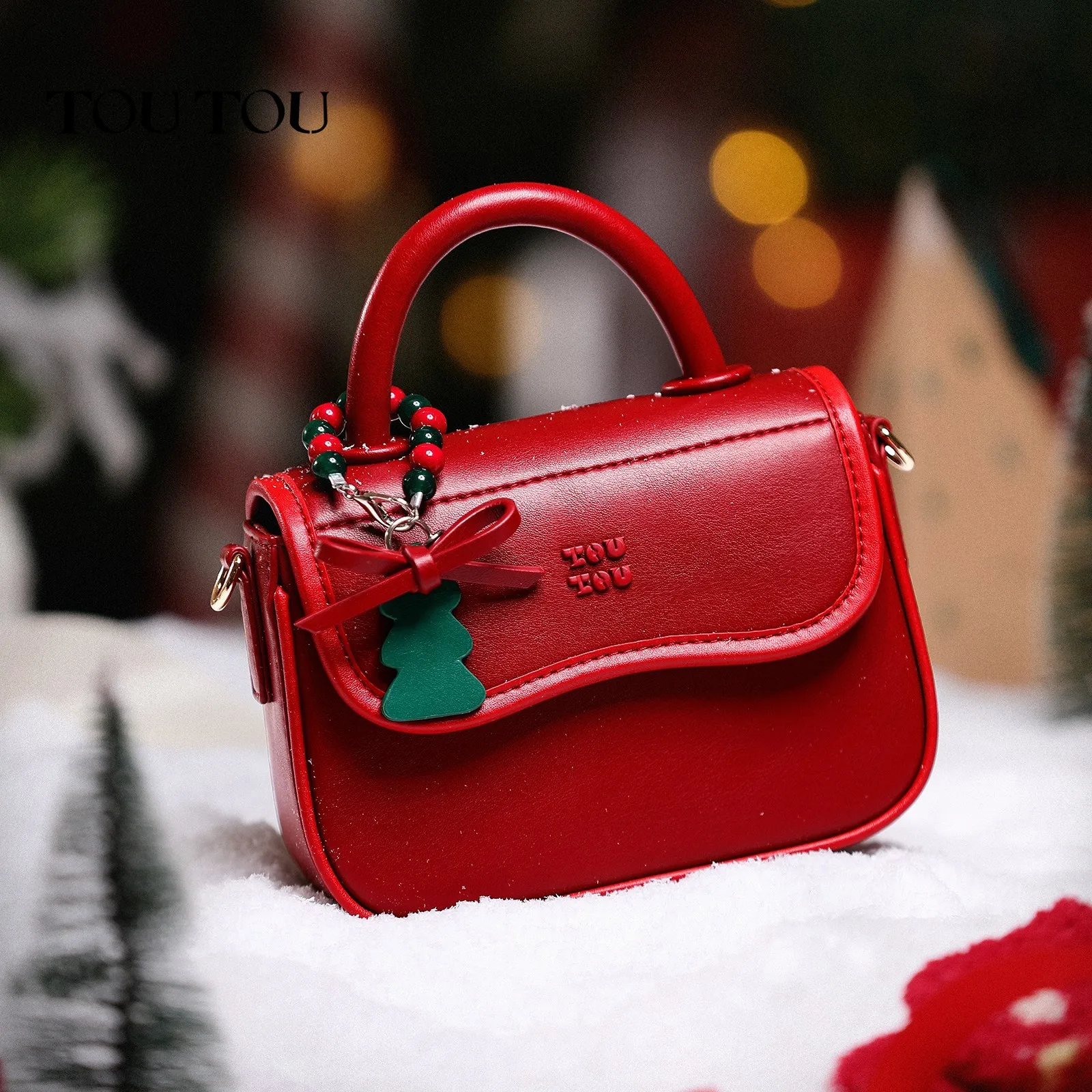 TOUTOU Red Handbag for Women Cute Cherry Christmas Tree Pendent Original Designer Leather Shoulder Crossbody Bag Girl Gift