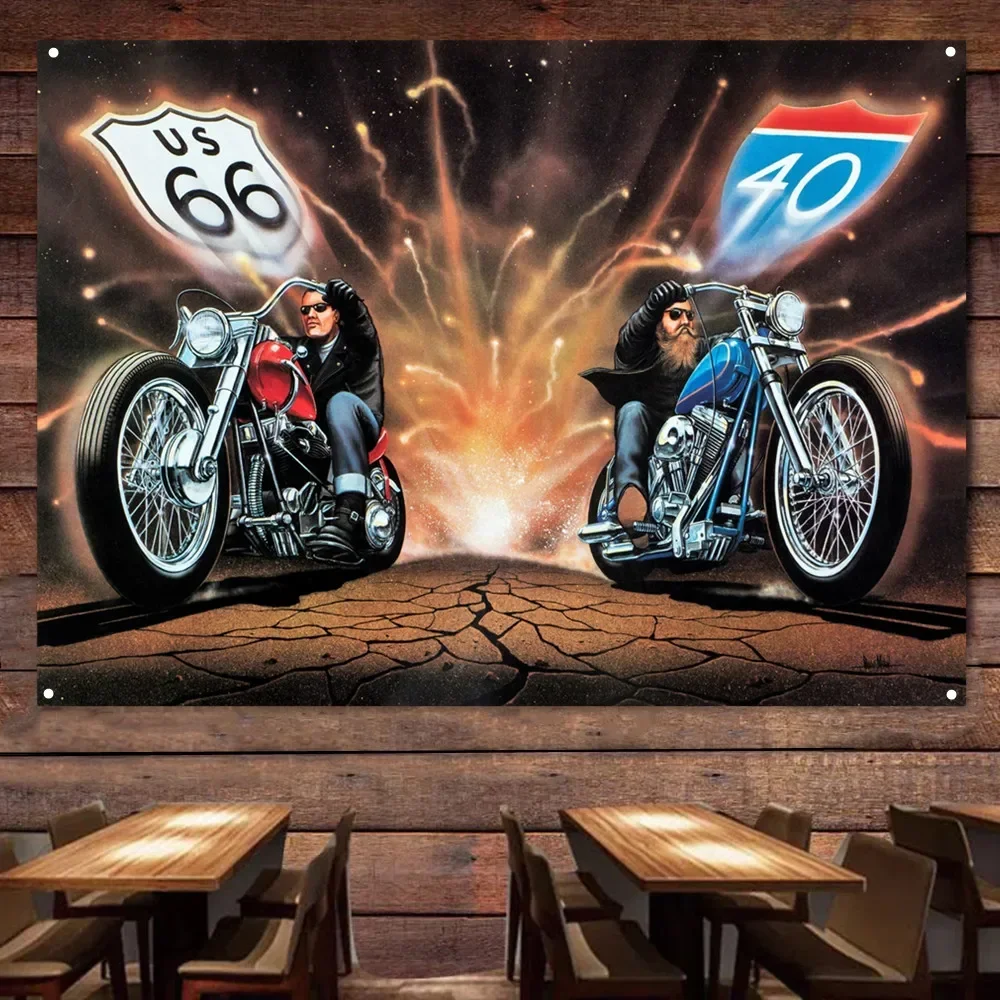 US Route 66 Motorcycle Flag Vintage Wall Decor Poster Car Painting For Garage Man Cave Bar Club Pub The Best Gift for Cyclists