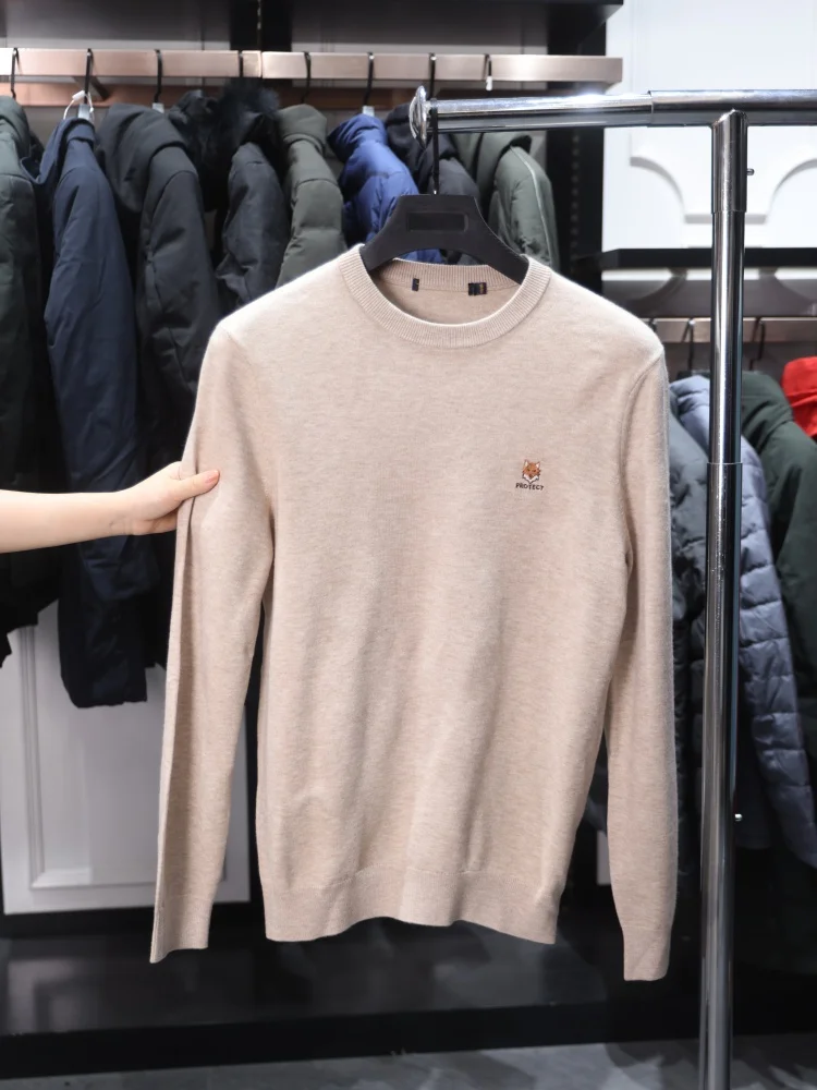 

Homesi Spring Autumn Men's Simple Color Chest Embroidery round Ne Long Sve Knitted Sweater Youthful Vitali Sle