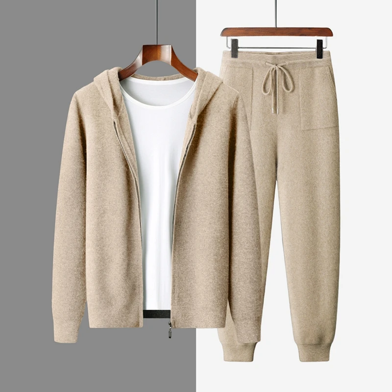 Men's 100% Cashmere Hooded Zipper Cardigan And High-Waisted Tapered Pants Set Casual Thick Warm Two-Piece Autumn Winter Outfit..